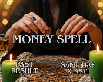 May include: An image with the text "MONEY SPELL" and the phrases "FAST RESULT" and "SAME DAY CAST". The image features hands holding coins, surrounded by candles, coins, and decorative stones, suggesting a theme of magic and fortune.