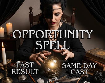 Può includere: Un'immagine di una cartomante con una sfera di cristallo, candele e carte dei tarocchi. Il testo "OPPORTUNITY SPELL" è visualizzato in modo prominente, con le parole "FAST RESULT" e "SAME DAY CAST". La scena è oscura e mistica.