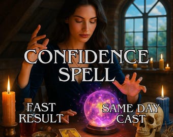 May include: A woman in a dark blue dress is performing a spell. The words "CONFIDENCE SPELL" are displayed above a glowing purple crystal ball. Other text includes "FAST RESULT" and "SAME DAY CAST". A skull, candles, and tarot cards are also visible.