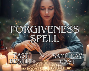 May include: An image featuring the text "FORGIVENESS SPELL" with additional text "FAST RESULT" and "SAME DAY CAST". The image shows a woman with long brown hair, surrounded by candles, crystals, and a bowl. A wooden table displays a glowing geometric pattern.