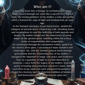 May include: Image features text that reads "Who am I?" followed by a narrative about Luna, a witch. The image includes a crystal, a crystal ball, and other mystical items, suggesting a theme of magic and enchantment.