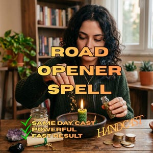 May include: A green beeswax candle in a dark bowl with text reading ROAD OPENER SPELL, SAME DAY CAST, POWERFUL, FAST RESULT, and HANDCAST. A small glass jar of herbs, a crystal, a scroll, and a key are on the wooden table near the candle.