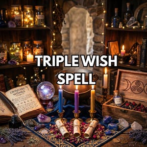 Puede incluir: Un conjunto ritual con un caldero negro, tres velas encendidas en azul, morado y amarillo, una bola de cristal, un libro abierto Grimoire Wishes, una caja de madera Dream Dust y cristales sobre un paño azul con el texto TRIPLE WISH SPELL.