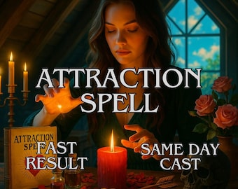 May include: A mystical scene with a woman casting a spell, surrounded by candles, roses, and a skull. The words "ATTRACTION SPELL", "FAST RESULT", and "SAME DAY CAST" are overlaid. A book with a heart is also present.