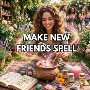 May include: A brown ceramic cauldron filled with colorful flower petals and glowing light, surrounded by small glass jars labeled Lavender, Rose Petals, Cinnamon, Friendship Charm, and Connection Oil, plus a book titled Make New Friends Spell.