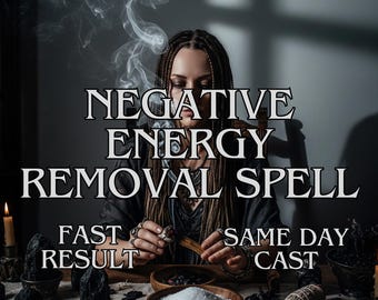 Puede incluir: Imagen con el texto "NEGATIVE ENERGY REMOVAL SPELL" y "FAST RESULT SAME DAY CAST". Una persona sostiene un palo con humo ascendente. Hay cuencos con sal y otros elementos sobre una mesa, junto con velas y piedras negras.