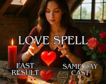 May include: An image featuring a woman performing a love spell. The scene includes a lit red candle, a glowing red heart, tarot cards, a skull, and the text "LOVE SPELL, FAST RESULT, SAME DAY CAST."