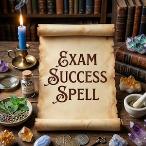Puede incluir: Un pergamino enrollado con las palabras "EXAM SUCCESS SPELL" en escritura marrón es el punto focal. Cristales, hierbas, una vela azul encendida y libros antiguos rodean el pergamino, creando un tema místico.