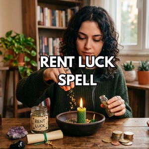 以下が含まれることがあります： 緑色の蜜蝋キャンドル、ハーブが入った暗いボウル、RENT LUCKと書かれたガラス瓶、巻物、金の鍵、コイン。RENT LUCK SPELLという文字が重ねられています。誰かがボウルの中のキャンドルにハーブを振りかけている様子が写っています。