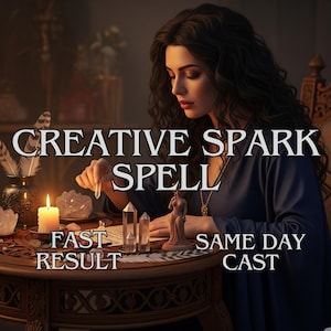 Puede incluir: Una mujer con cabello oscuro, vestida con un vestido azul oscuro, sentada en una mesa redonda de madera. La mesa tiene cristales, una vela y una pequeña estatua. El texto en la imagen dice: "CREATIVE SPARK SPELL", "FAST RESULT" y "SAME DAY CAST".