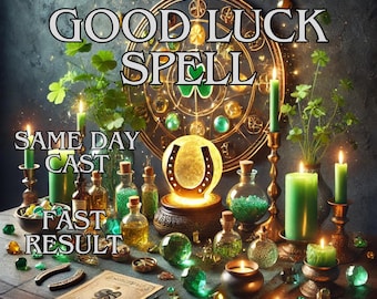 May include: An image featuring a mystical scene with the text "GOOD LUCK SPELL", "SAME DAY CAST", and "FAST RESULT". The scene includes candles, glass bottles, a glowing horseshoe, and green gemstones, evoking a theme of magic and fortune.