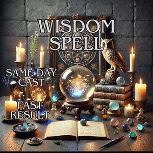 May include: An arrangement of mystical items including a crystal ball, candles, books, and an owl statue. The words "WISDOM SPELL", "SAME DAY CAST", and "FAST RESULT" are displayed. The scene is set on a wooden table with a dark background.