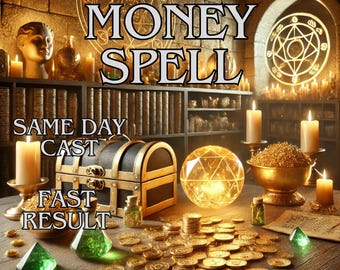 May include: An image with the text "MONEY SPELL" above a treasure chest, coins, and gemstones. The words "SAME DAY CAST" and "FAST RESULT" are also visible. The scene is illuminated by candles and a glowing orb, suggesting a mystical theme.