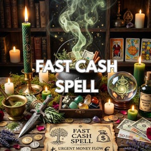 Op de afbeelding: Een mystieke scène met de tekst "FAST CASH SPELL". Een ketel met geld en rook, kaarsen, kristallen, tarotkaarten, een dolk en een kristallen bol zijn gerangschikt op een houten tafel. Valuta en munten zijn ook aanwezig.
