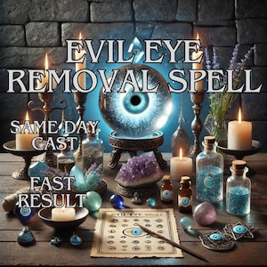 Könnte beinhalten: Ein mystischer Szene mit einer Kristallkugel, Kerzen und Flaschen. Der Text lautet "EVIL EYE REMOVAL SPELL, SAME DAY CAST, FAST RESULT." Verschiedene Kristalle und eine Tabelle mit Augensymbolen sind ebenfalls vorhanden.