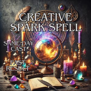 May include: An image with the text "CREATIVE SPARK SPELL", surrounded by candles, crystals, books, and a globe. The words "SAME DAY CAST" and "FAST RESULT" are also visible. The overall theme is mystical and magical.
