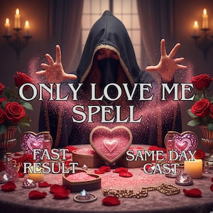 Pode incluir: Imagem de uma cena mística com o texto "ONLY LOVE ME SPELL". A imagem apresenta uma pessoa com uma capa preta com capuz, rodeada por rosas vermelhas, caixas em forma de coração e velas. As palavras "FAST RESULT" e "SAME DAY CAST" também são visíveis.