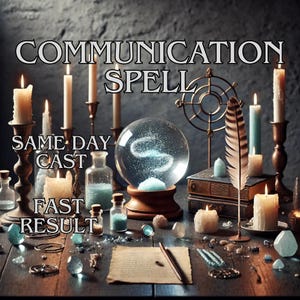 Op de afbeelding: Een mystieke scène met een kristallen bol, kaarsen en diverse magische items. De tekst "COMMUNICATION SPELL" en "SAME DAY CAST FAST RESULT" is te zien. De scène speelt zich af op een houten tafel met een donkere achtergrond.