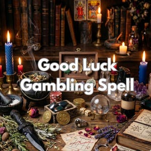 May include: A still life arrangement with the text "Good Luck Gambling Spell." The image features candles, a crystal ball, dice, poker chips, coins, a dagger, and a wooden box filled with charms, suggesting a mystical theme.