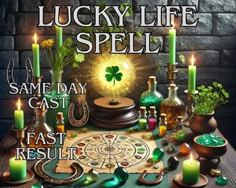 May include: A mystical scene with the words "LUCKY LIFE SPELL" and "SAME DAY CAST FAST RESULT". The image features green candles, glass bottles, a four-leaf clover, a horseshoe, and a map on a wooden table.