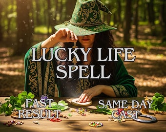 May include: A person wearing a green hat and robe, with the text "LUCKY LIFE SPELL" and "FAST RESULT SAME DAY CAST". The image shows a wooden table with jewelry and a horseshoe.