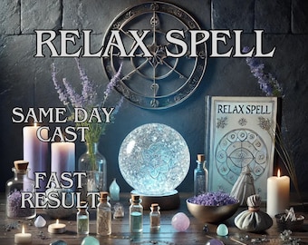 May include: An image featuring a crystal ball, candles, and various potion bottles, with the text "RELAX SPELL", "SAME DAY CAST", and "FAST RESULT". The scene is set on a wooden table with a dark background, evoking a mystical theme.