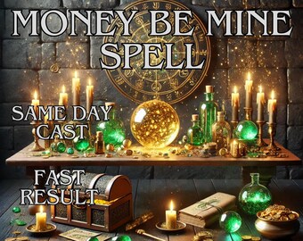May include: An image of a mystical scene with the text "MONEY BE MINE SPELL", "SAME DAY CAST", and "FAST RESULT". The scene includes candles, a glowing orb, glass bottles, a treasure chest, and coins, evoking a theme of magic and fortune-telling.