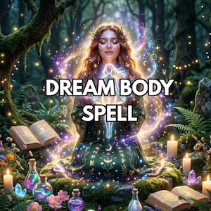 May include: A digital illustration featuring a person with long hair in a dark green robe with gold symbols, surrounded by glowing light, candles, crystals, and open books. The text DREAM BODY SPELL is centered in bold white letters over the figure.