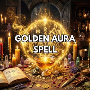 Könnte beinhalten: Eine Grafik für einen goldenen Aurenzauber mit einem leuchtenden kreisförmigen Emblem mit Runen und Silhouetten, zentriert über einer Glasschale mit Flüssigkeit. Die Szene umfasst brennende Kerzen, verschiedene Kristalle, ein offenes Buch, einen Metalldolch und Goldmünzen.