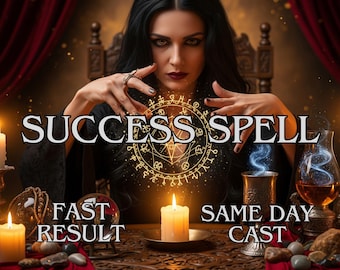 May include: An image of a woman performing a spell, with the words "SUCCESS SPELL" prominently displayed. The image includes candles, a crystal ball, and text that reads "FAST RESULT" and "SAME DAY CAST". The scene is set with a mystical, magical theme.