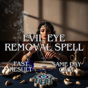 Peut inclure: Image avec le texte "EVIL EYE REMOVAL SPELL". L'image montre une femme avec des bijoux, une table bleue, de l'ail et une main de Hamsa. Le texte "FAST RESULT" et "SAME DAY CAST" sont également visibles.