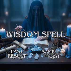 May include: An image of a person in a dark blue hooded robe, with the text "WISDOM SPELL, FAST RESULT, SAME DAY CAST". The scene includes lit candles, books, crystals, and scrolls on a wooden table, creating a mystical atmosphere.