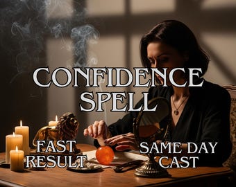 May include: An image featuring a woman performing a ritual with candles, a lion statue, and a mirror. The text "CONFIDENCE SPELL" is prominently displayed, along with "FAST RESULT" and "SAME DAY CAST". Smoke swirls in the background.