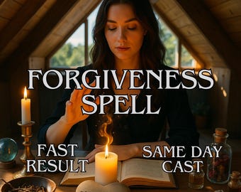 May include: A woman performing a forgiveness spell, with the words "FORGIVENESS SPELL" prominently displayed. The image includes lit candles, a heart-shaped stone with "FORGIVENESS" inscribed, and the text "FAST RESULT" and "SAME DAY CAST".