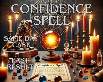 May include: An image featuring a mystical scene with the words "CONFIDENCE SPELL" prominently displayed. A golden lion statue, candles, a glowing orb, and various crystals and potions are arranged on a wooden surface, creating a magical atmosphere. The text "SAME DAY CAST" and "FAST RESULT" are also visible.