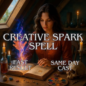 Puede incluir: Una mujer con un vestido rojo con el texto "CREATIVE SPARK SPELL", "FAST RESULT" y "SAME DAY CAST". Está mirando un libro abierto, con energía azul y naranja emanando de su mano. Velas y una calavera están sobre la mesa.