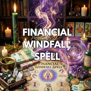 Op de afbeelding: Een afbeelding met een mystiek thema met de tekst "FINANCIAL WINDFALL SPELL". De scène bevat stapels eurobiljetten, kaarsen, kristallen, een ketel, tarotkaarten en een kristallen bol, tegen een achtergrond van boekenplanken en wervelende paarse rook.