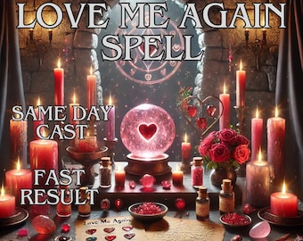 May include: An image of a mystical scene with candles, a crystal ball with a heart, and the text "LOVE ME AGAIN SPELL". The scene includes roses, small bottles, and a paper with heart-shaped designs, suggesting a love spell theme.