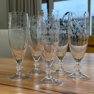 THERESIENTHAL Vintage Set of 5 vintage Etched Glasses Champagne Flutes