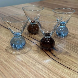 Retro Vintage Mid Century Bubble Ball Base Martini Glasses Set of 4 | Cocktail Barware | Cosmopolitan Glasses | Blue Glass | Brown Glass