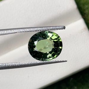Könnte beinhalten: Ein oval geschliffener Edelstein mit tief olivgrüner Farbe und facettierter Oberfläche, der von einer Metallpinzette gehalten wird. Der Stein zeigt eine Mischung aus hellen und dunklen Grüntönen mit sichtbaren Reflexionen auf seiner polierten Struktur.