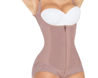 Corsets moka pour femmes, gainage fessier, buste ouvert, fermeture éclair à l'entrejambe, gainage complet colombien Fajas Plus, body galbant