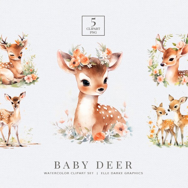 Baby Deer Watercolor Clipart, Woodland Deer Clip Art, Cute Deer Clipart, Deer with Flowers Clipart, Commercial Use, PNG Clipart Bundle