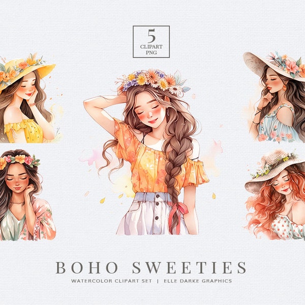 Boho Girls Watercolor Clipart, Cute Boho Teens Clip Art, Flower Girls Clipart, Fashion Girls Clipart, Commercial Use, PNG Clipart Bundle