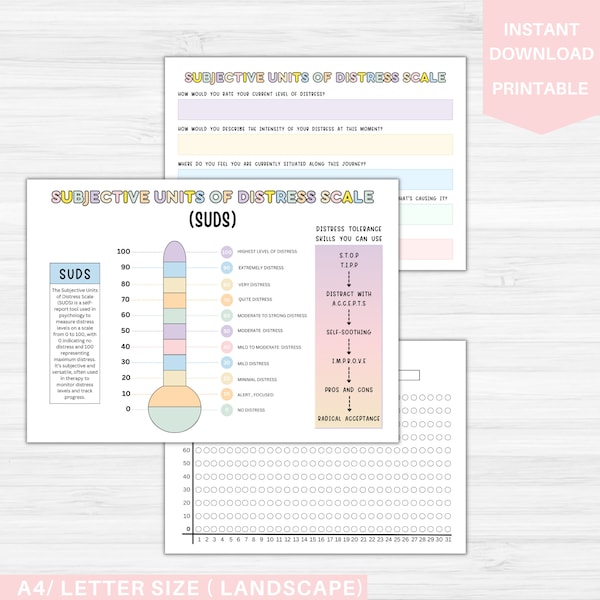 Subjective Units Of Distress Scale | SUDS Rating Scale Thermometer Printable PDF | Therapy Worksheet | DBT Therapy Tool | Distress Tracker 2