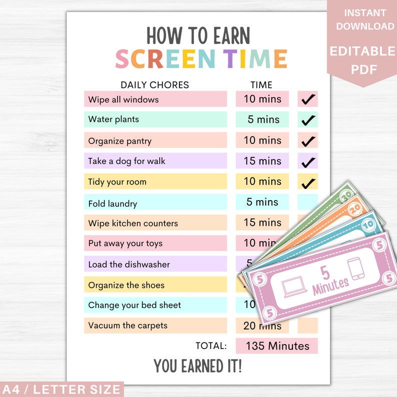 How to Earn Screen Time With Screen Bucks | Editable Allowance Chore ...