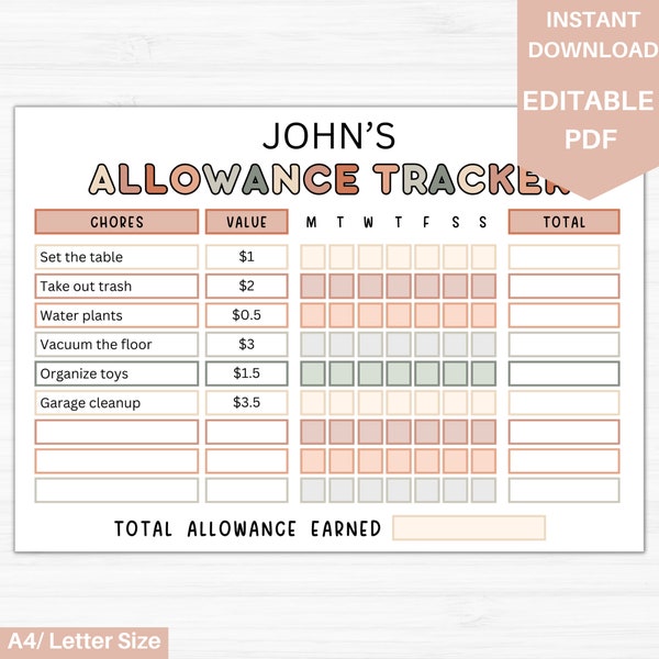 Kids Allowance Tracker Editable | Earn Money Chore Chart for Kids | Money Reward Chart | Allowance Chart with Bucks | Reward Chart For Kids4