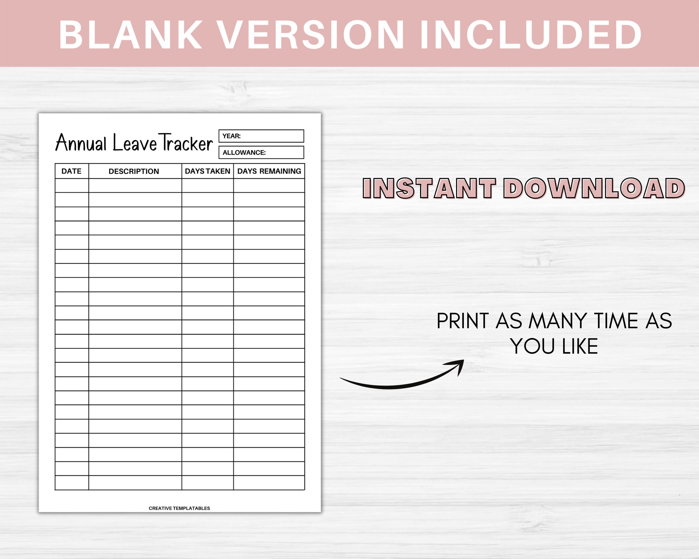 Annual Leave Tracker Printable Holiday Tracker Work Leave Log Annual ...