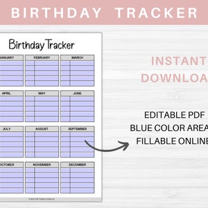 Birthday Tracker Printable Birthday Planner Birthday Organizer Birthday ...