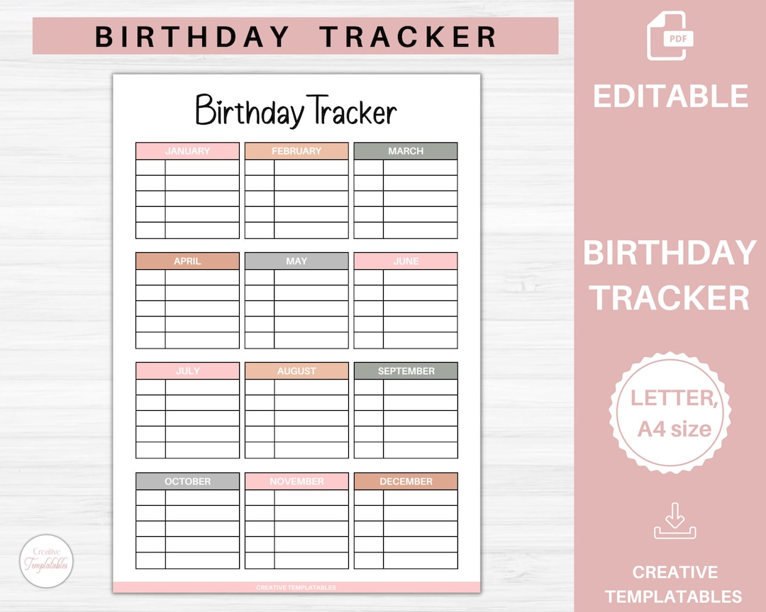 Birthday Tracker Printable Birthday Planner Birthday Organizer Birthday ...